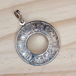 Vintage Sterling Silver Round Pendant With Engraved Nazca Glyph Design 1.5"